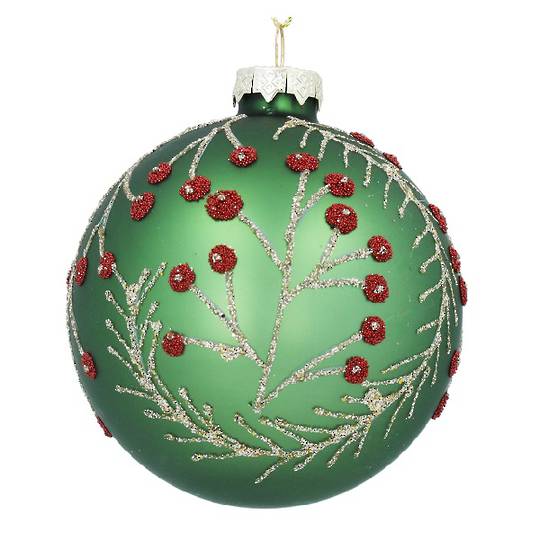 INDENT - Pack 12, Glass Ball Matt Green, Gold Sticks & Red Berry 8cm